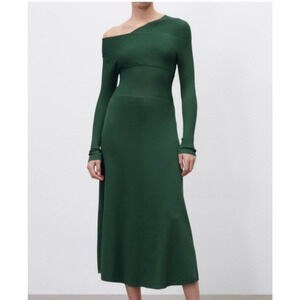 Zara Knit Asymmetric Dress Small Limited Edition Green Stretch Midi